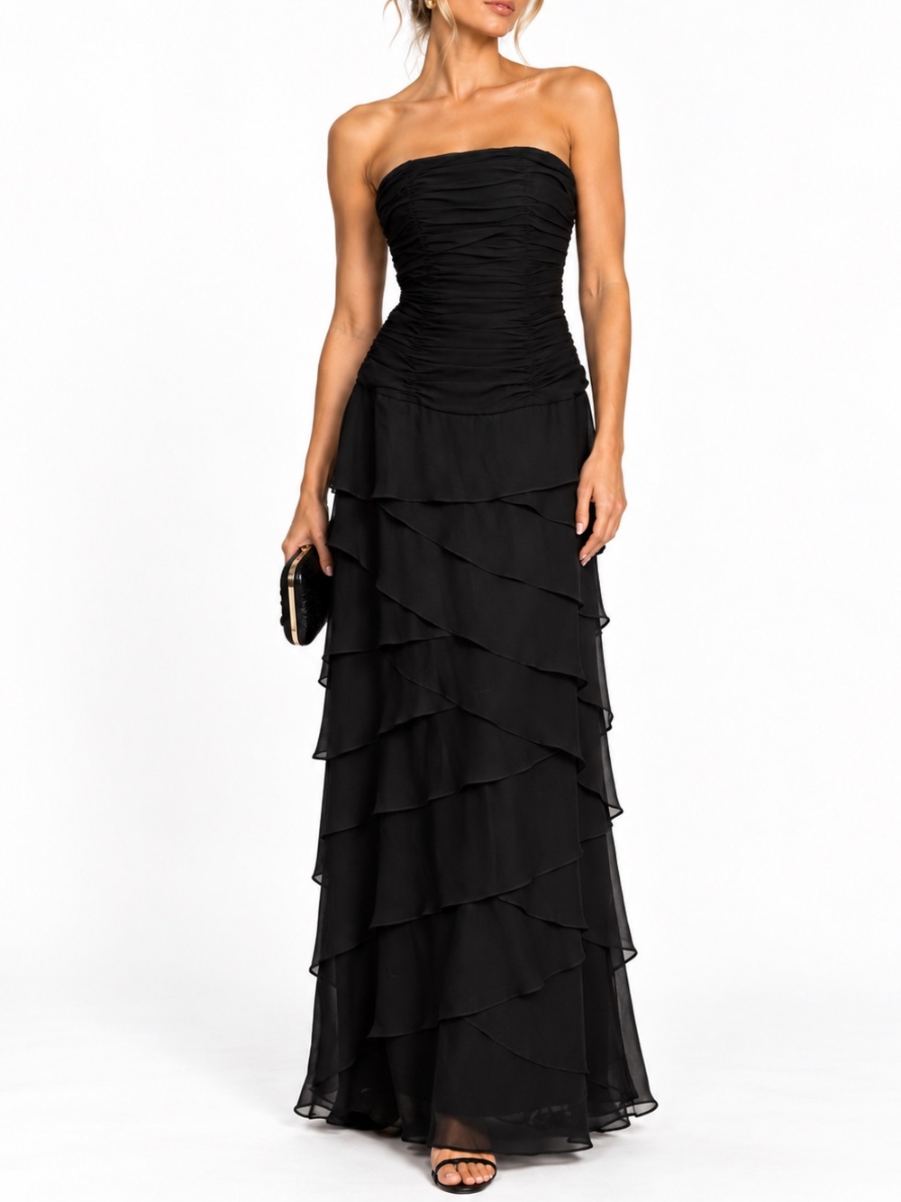 Kay Unger 100% Silk Black Strapless Ruched Tiered Ruffle Gown Size 6
